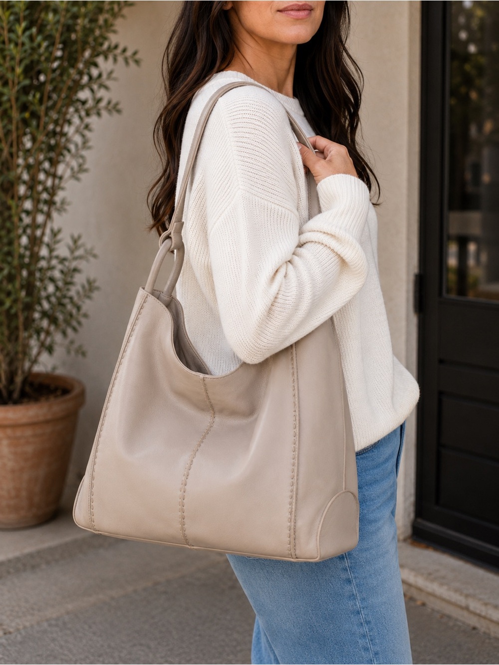 The Sak Los Feliz Suede Leather Slouchy Hobo Tote Bag Sand Suede Shoulder